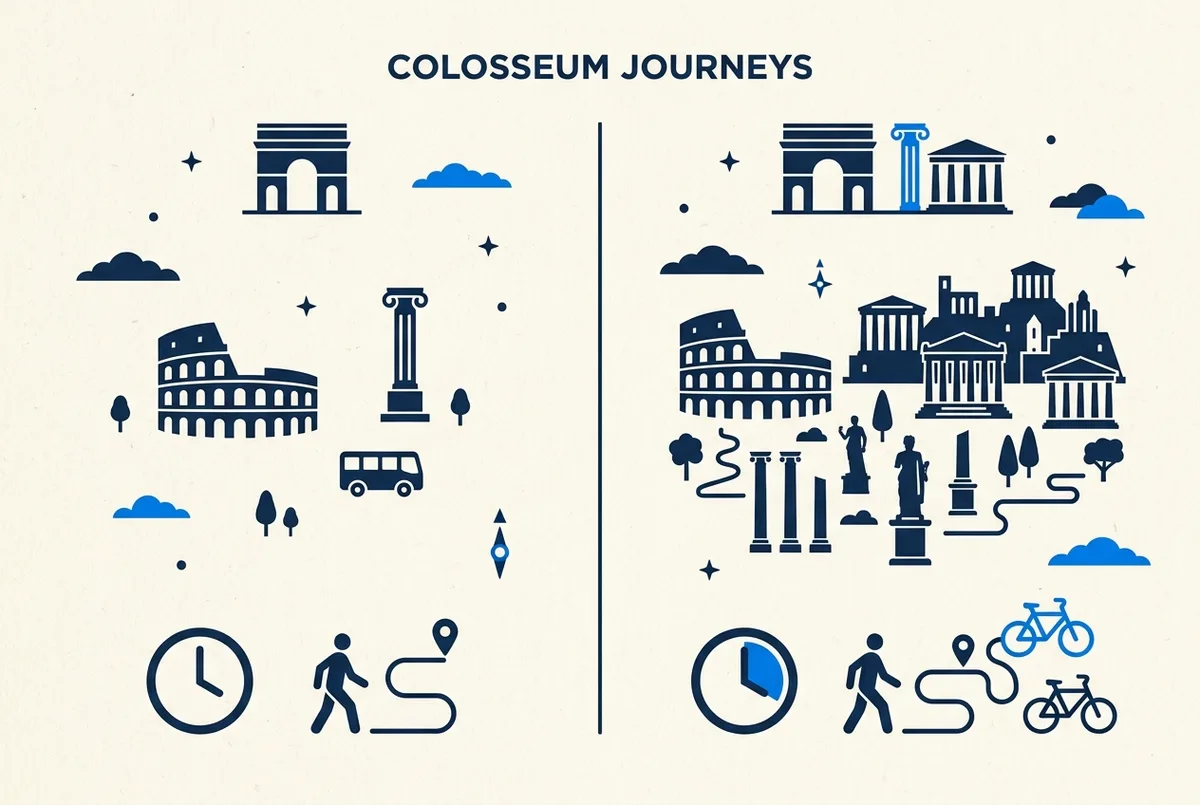 Simple side-by-side infographic comparing a colosseum only ticket against the colosseum and forum tickets combo, showing sites included and rough time needed, flat icon style with generic labels only, no prices or statistics shown
