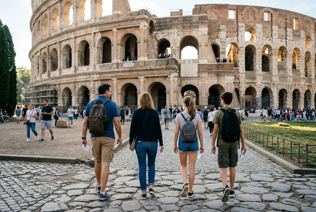 Family with two teenagers walking toward the Colosseum entrance holding tickets, morning light, casual travel clothing