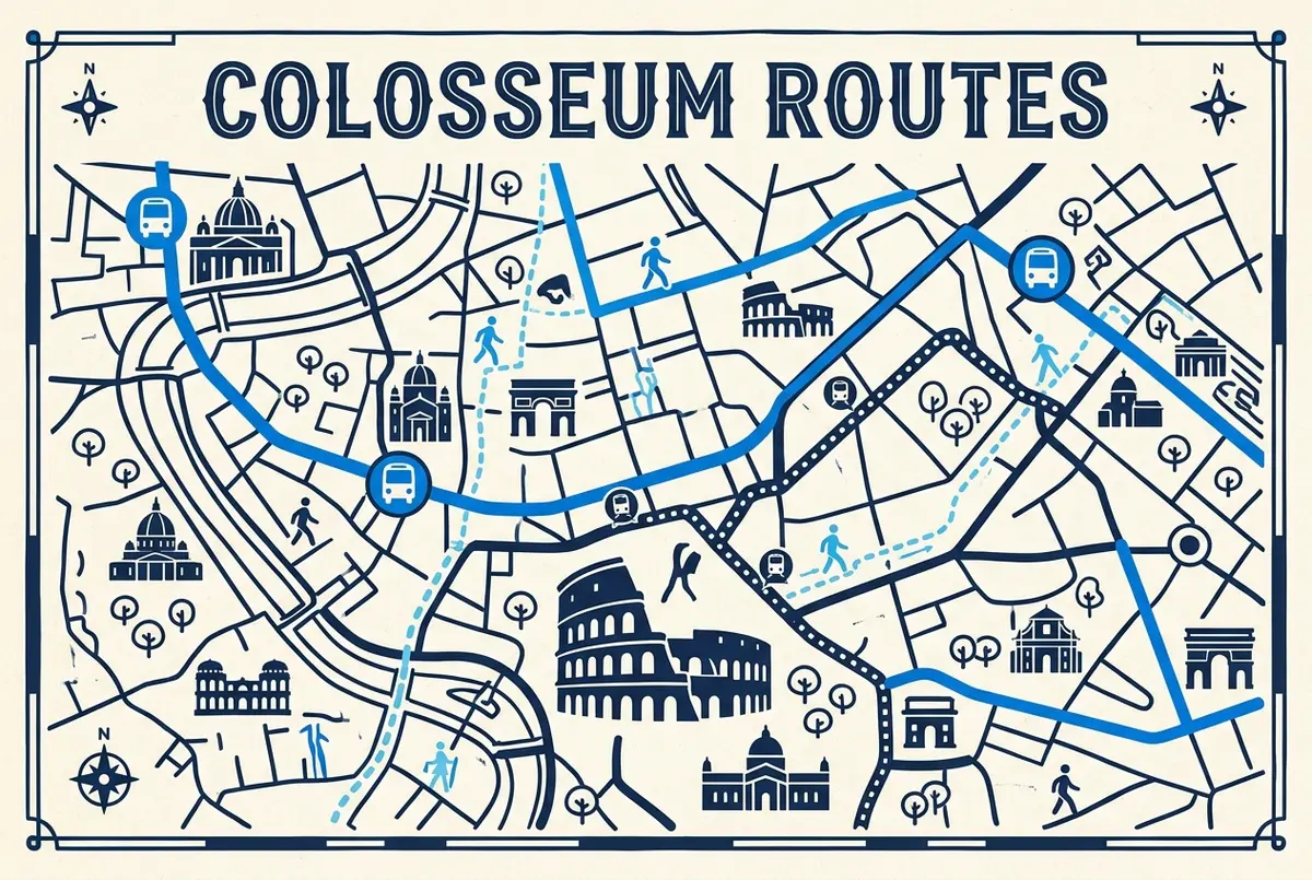 Prosta mapa transportu pokazująca stację metra Colosseo, przystanki autobusowe i pieszą trasę do koloseum, styl infografiki, bez tekstu i cen