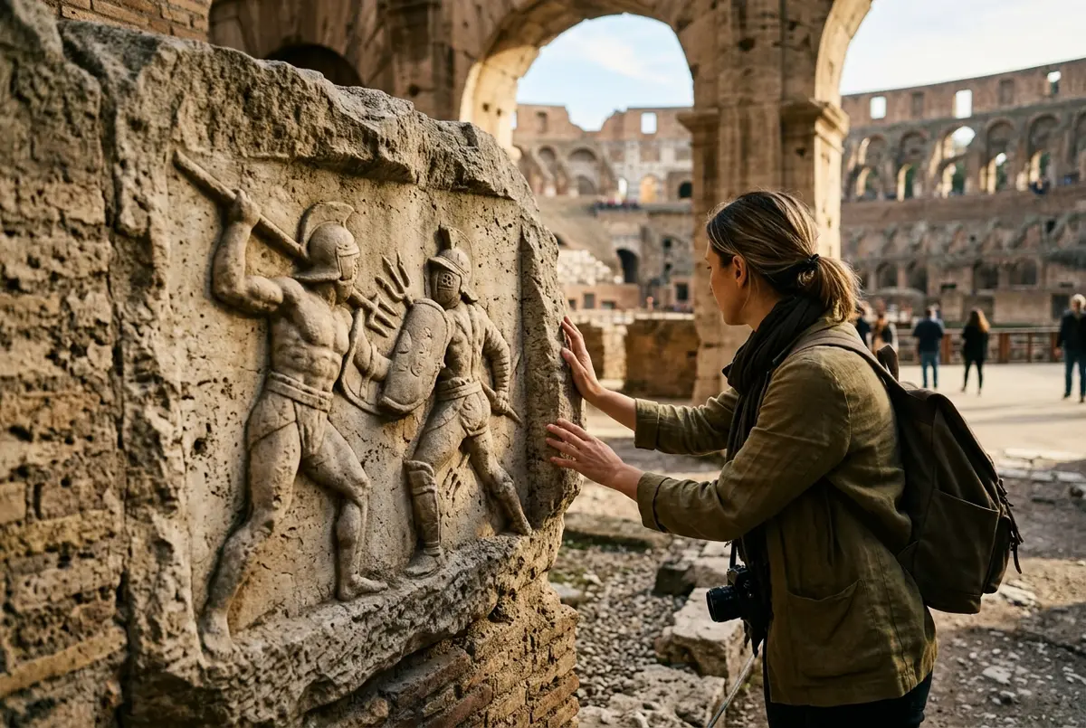 Traveler examining a weathered stone relief of colosseum gladiators in combat, dramatic side lighting, arena floor setting