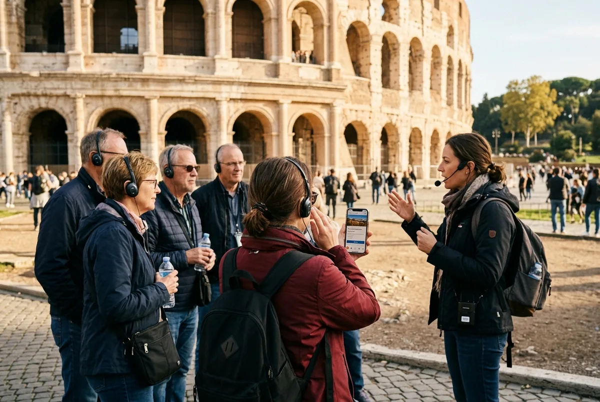 Reisegruppe mit Kopfhörern hört aufmerksam einem Guide vor dem Kolosseum zu, eine Person hält ein Smartphone mit sichtbarer deutscher Sprachoption