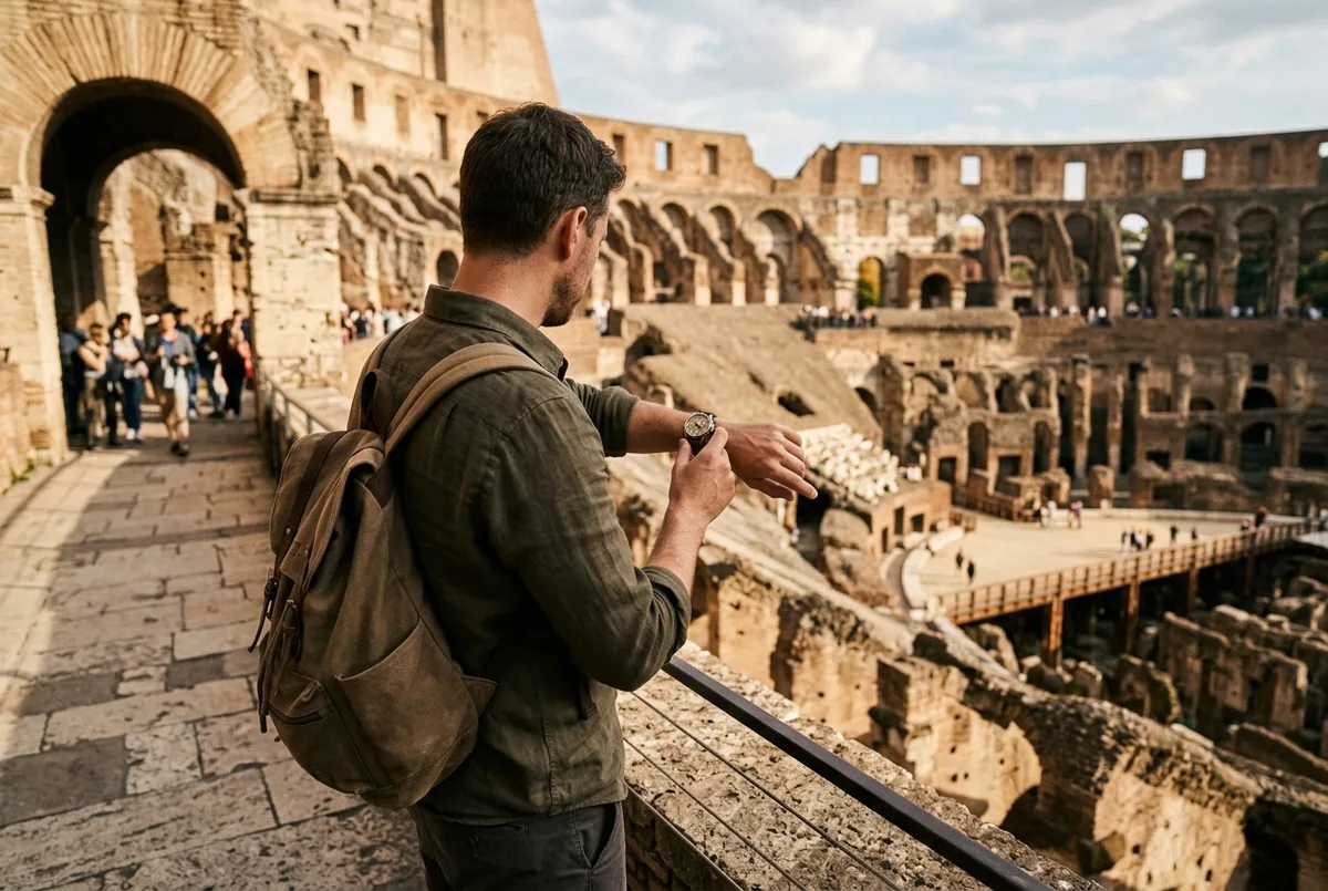 Traveler checking the time on a wristwatch while touring the Colosseum's upper seating tiers, illustrating how long a tour of Colosseum realistically takes