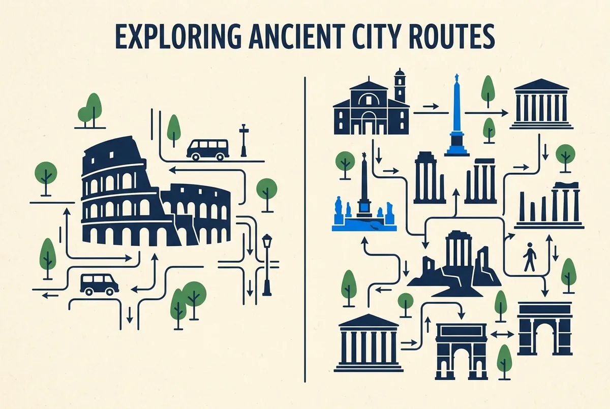Simple side by side infographic comparing a shorter colosseum only tour of Colosseum route against the longer combined Roman Forum and Palatine Hill route, flat icon style, generic labels only, no prices or statistics shown