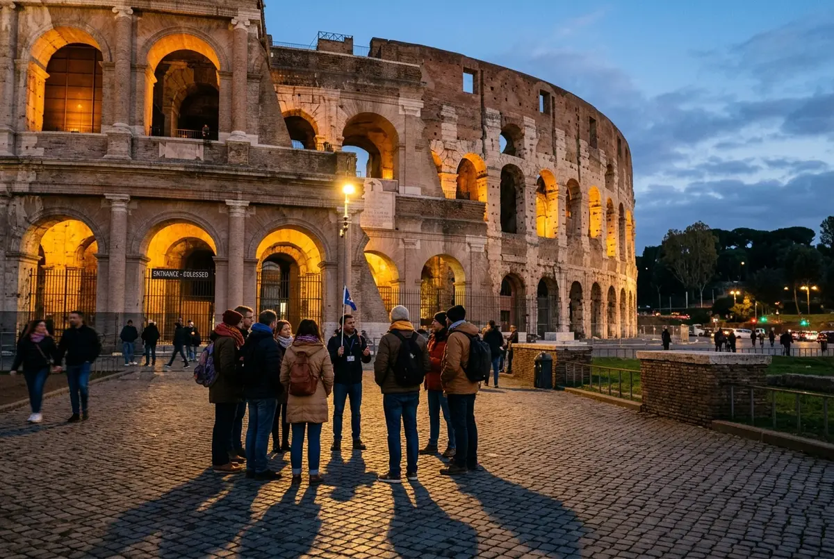 Colosseum exterior illuminated at dusk with a small tour group gathered outside the entrance, warm lighting, long shadows