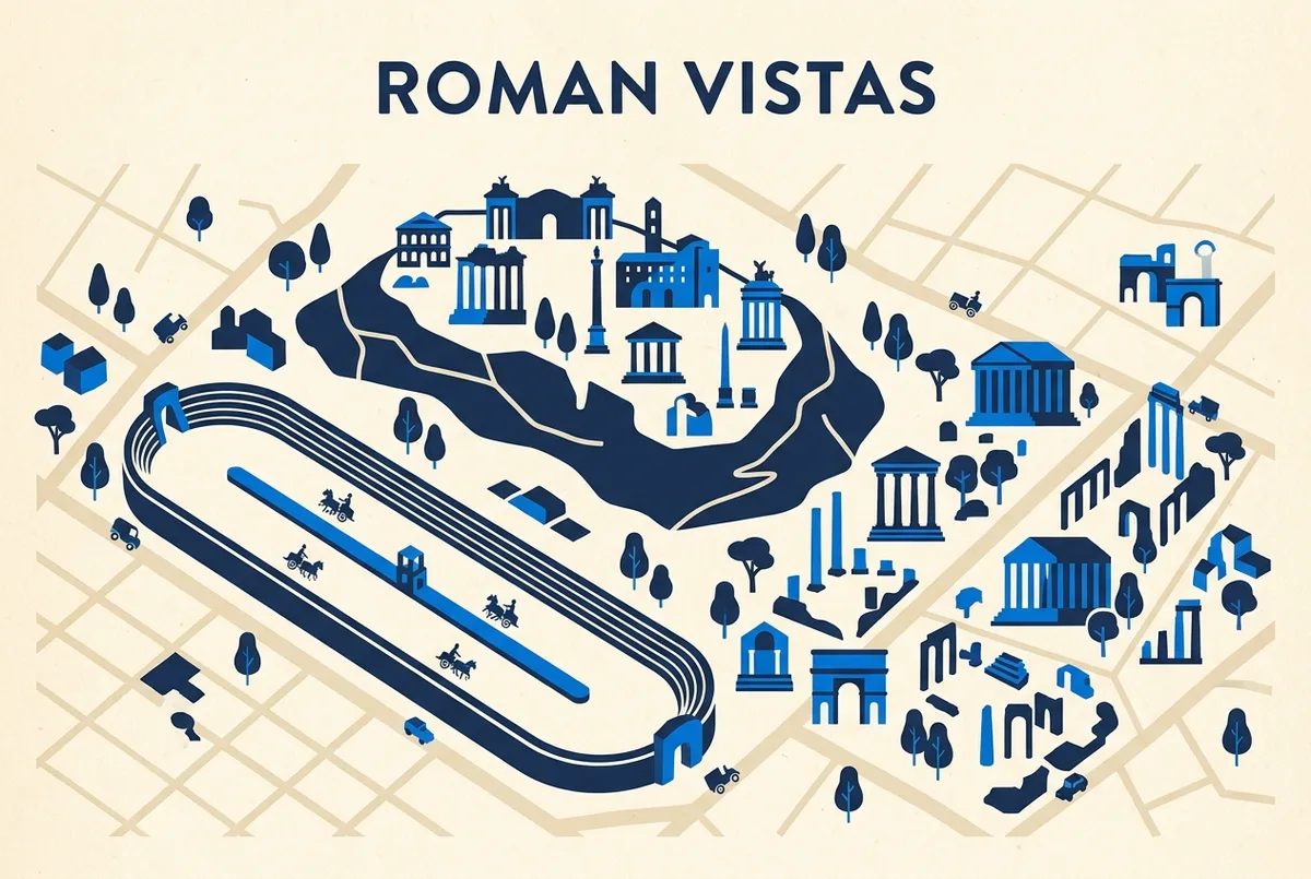 Simple viewpoint-style infographic of Palatine Hill overlooking the Circus Maximus and Roman Forum, flat icon style with generic labels only, no prices or statistics shown