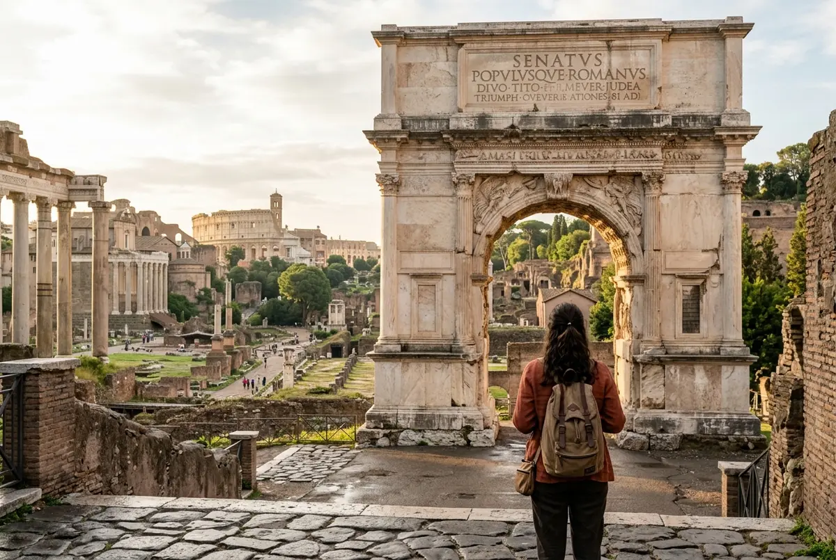 Traveler standing before the Arch of Titus in the Roman Forum with the colosseum roman forum ruins stretching behind, morning light