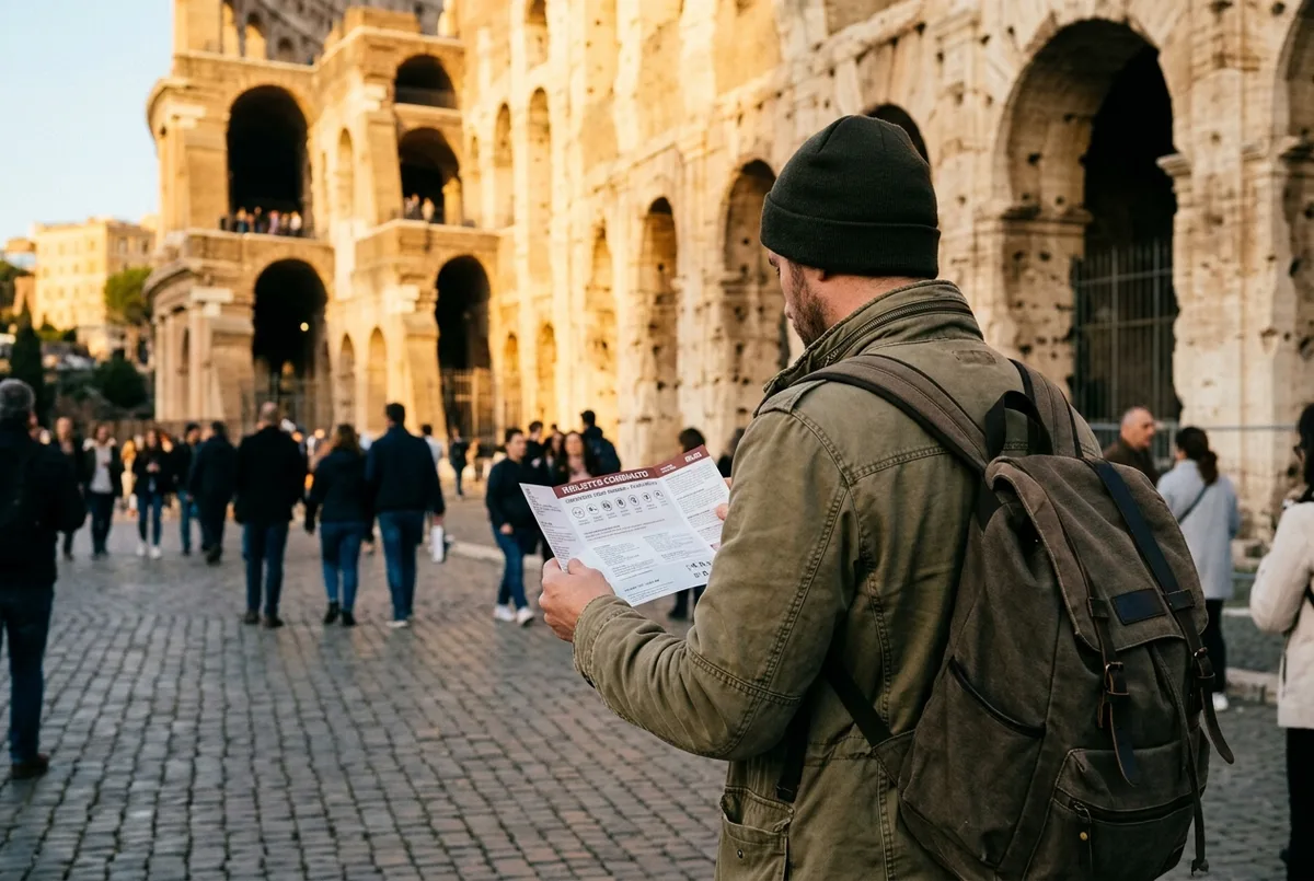 Viaggiatore che consulta il biglietto combinato davanti all'Arco di Tito, ingresso del Foro Romano, luce calda di metà mattina