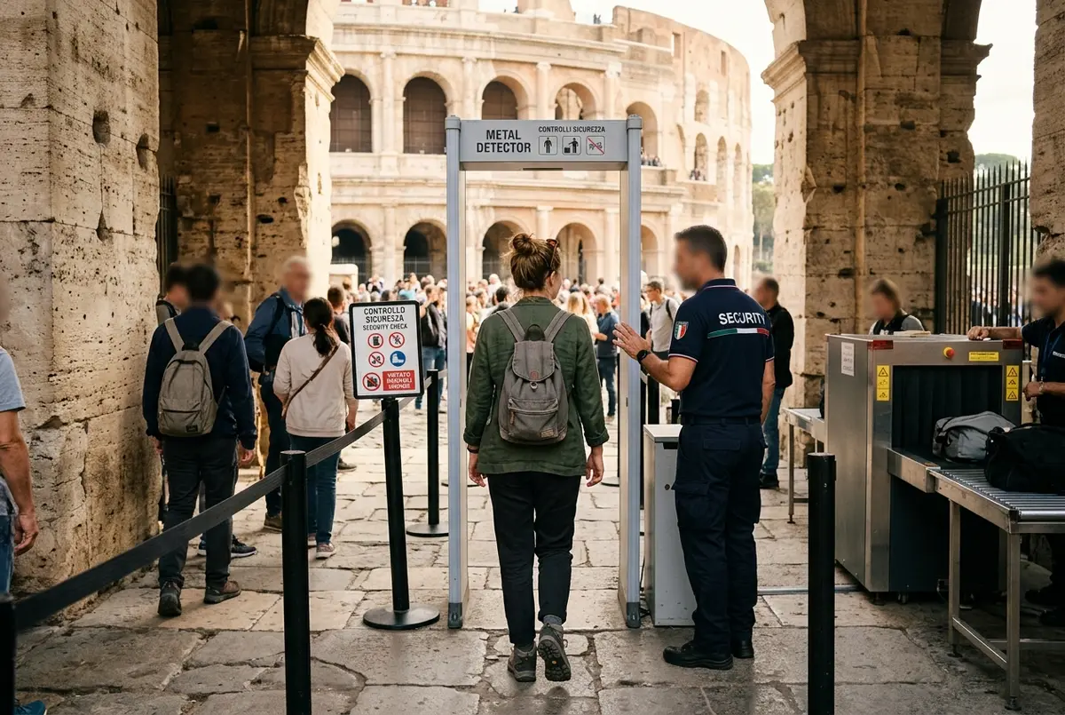 Traveler passing through a security screening point at the Colosseum entrance with only a small daypack, illustrating Colosseum entrance rules