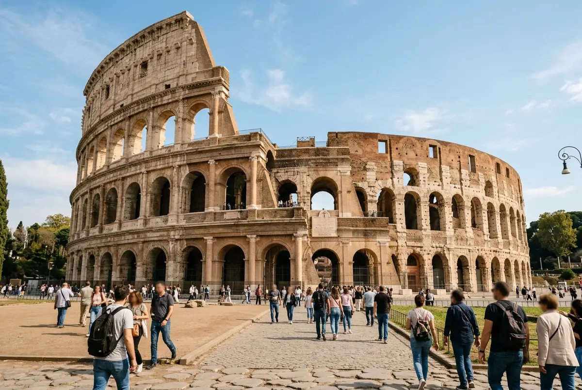 Wide exterior view of the colosseum entrance showing the intact northern outer ring beside the missing southern wall section, midday light
